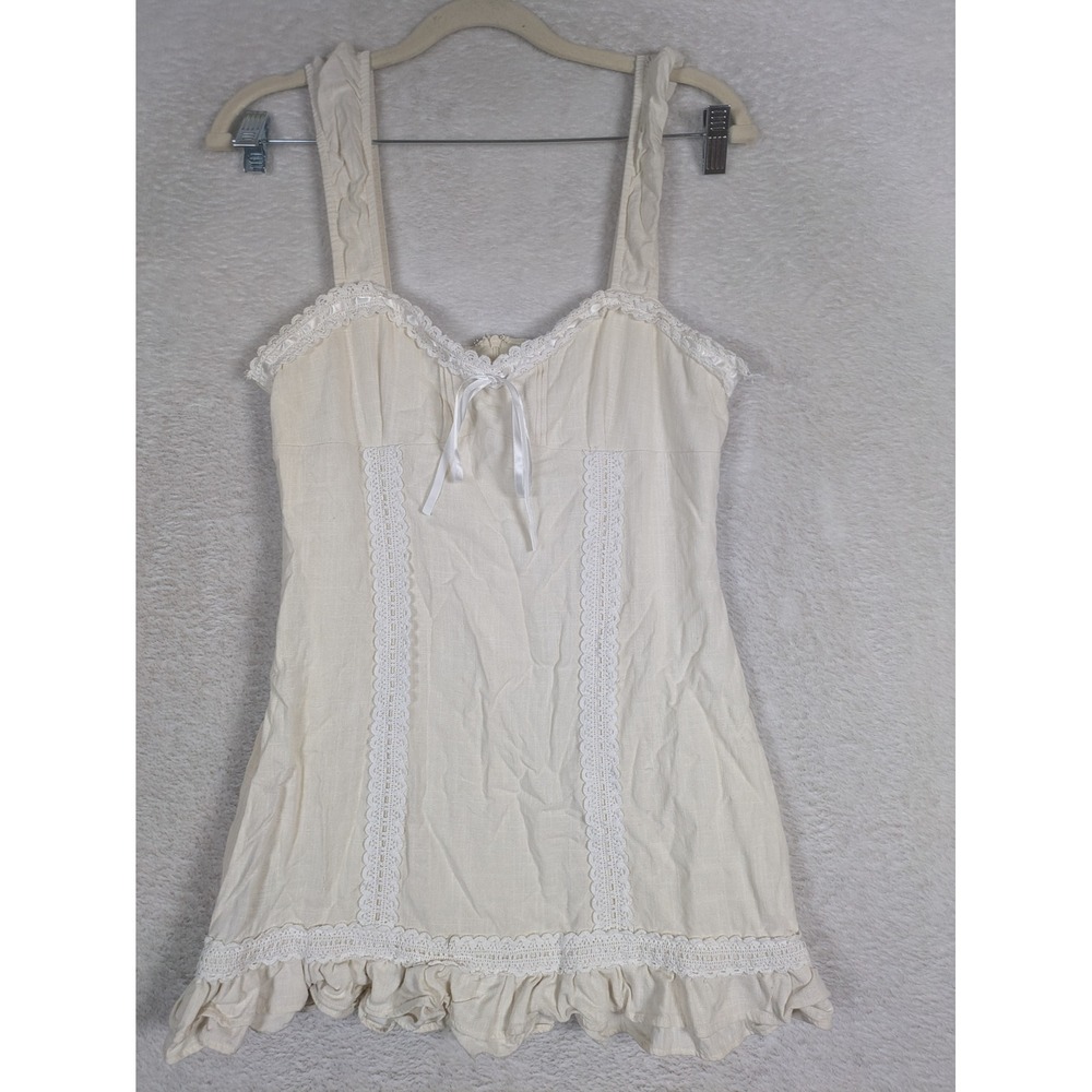 West of Melrose Mini Dress Women's Medium Cream Lace Trim Ruffle Hem Linen Blend